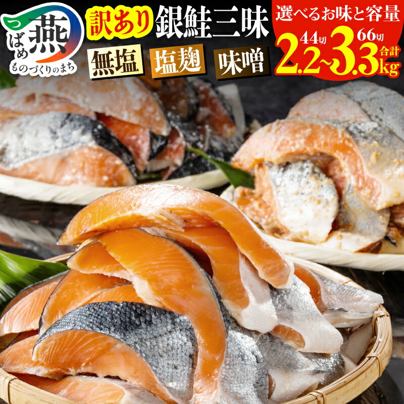 【ふるさと納税】【訳あり】銀鮭切身 約2.2kg/約3.3kg 無塩 塩麹 味噌 選べる味と容量【 鮭 シャケ さけ サーモン 1切あたり約50g 海鮮 魚 魚介 セット 切り身 打ち身 色飛び カマ入 お弁当 おかず 規格外 不揃い 着日指定不可 ランキング 冷凍 新堀 燕三条 新潟県 燕市 】