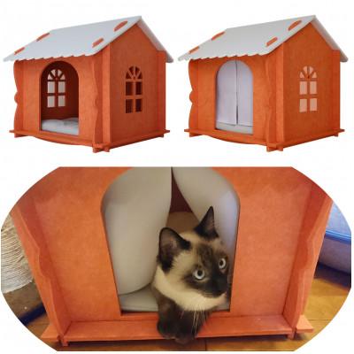 ふるさと納税 北名古屋市 キャットハウス(カーテン、クッション、窓付き) オレンジ　1個