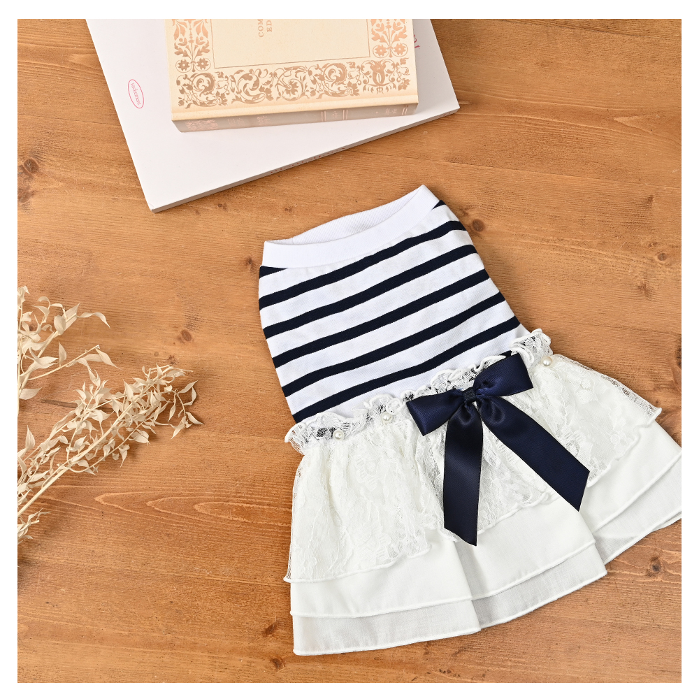 マリンボーダーレースワンピース 夏 ネイビー (S) 小型犬 ドッグウェア【ココアトワ(cocoAtoi)】