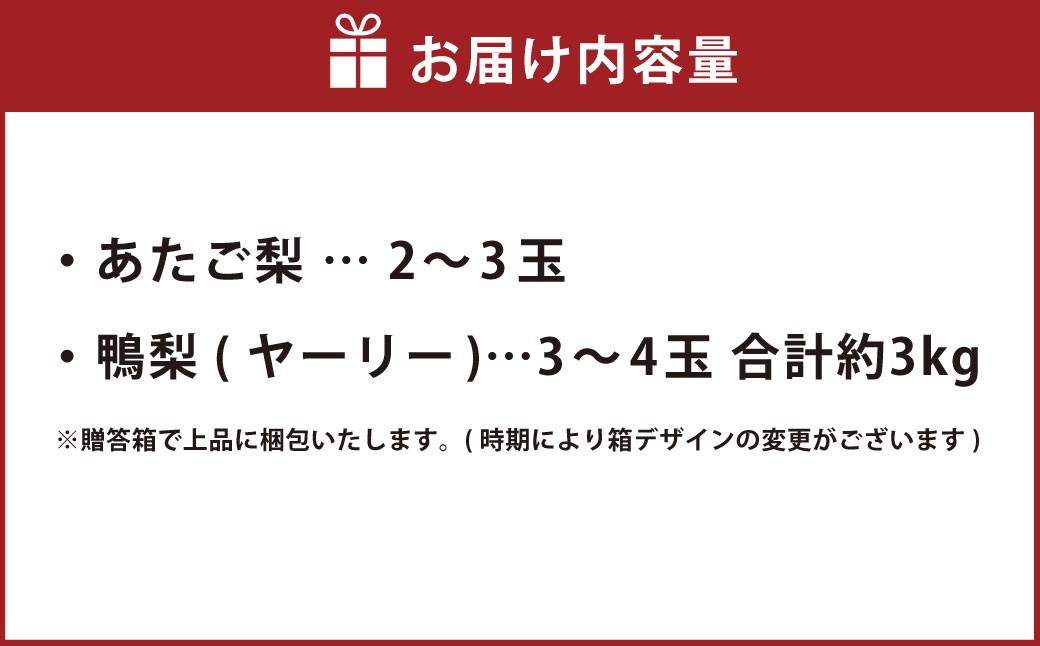 あたご梨 2～3玉 ・ 鴨梨 （ヤーリー） 3～4玉 詰合せ 合計約3kg 贈答箱