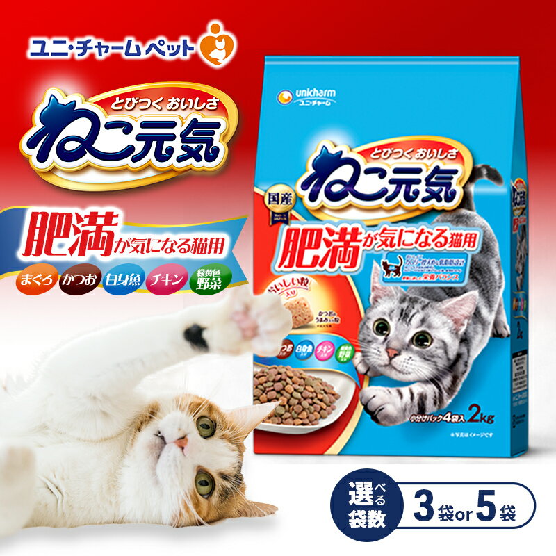 【ふるさと納税】ねこ元気 肥満が気になる猫用 まぐろ・かつお・白身魚・チキン・緑黄色野菜入り 2.0kg 選べる袋数(3袋/5袋) ペットフード キャットフード 猫のごはん 猫用フード 猫 ペット ドライ ユニ・チャーム ペット