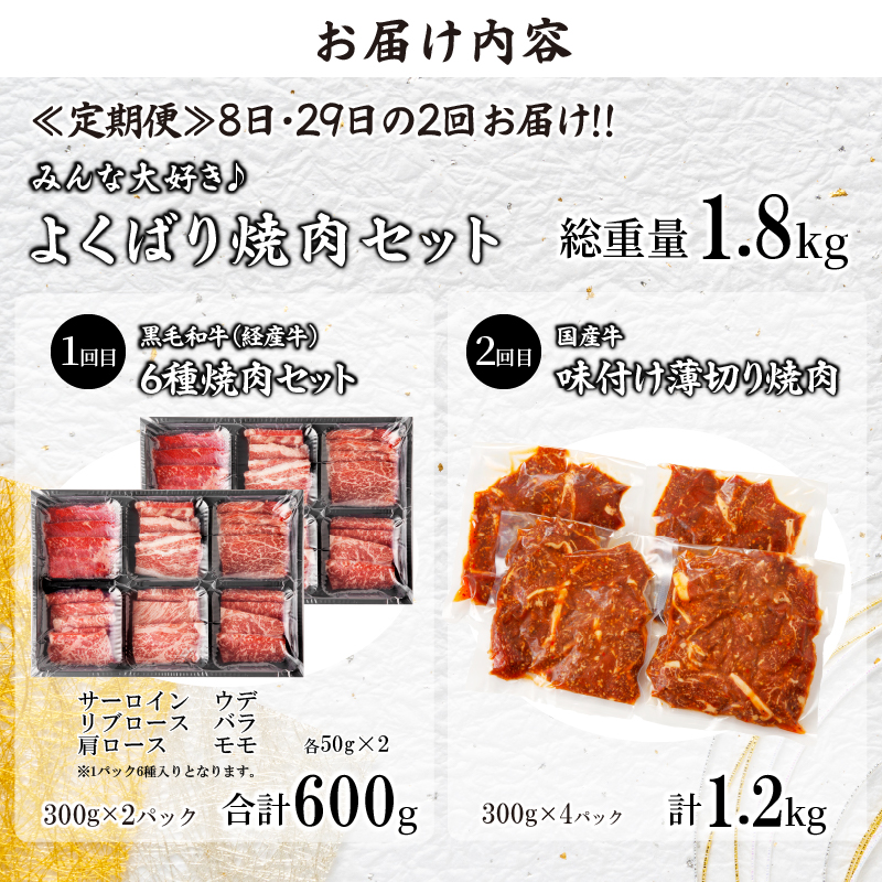 ≪定期便≫＼1か月に2回お届け!!／みんな大好きよくばり焼肉セット【総重量1.8kg】_T030-050【肉 牛 牛肉 おかず 国産 人気 ギフト 食品 お肉 焼き肉 BBQ お土産 贈り物 送料無料