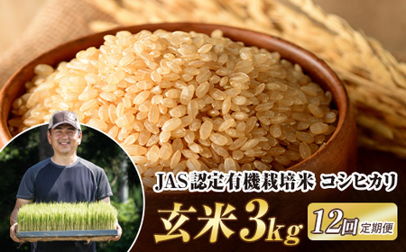 ＜定期便12ヶ月＞ JAS認定 有機栽培米 西会津産米コシヒカリ 玄米 3kg F4D-2090