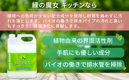 緑の魔女キッチン5L×1本 洗剤+パイプクリーナー機能付き環境配慮型洗剤 | 茨城県 龍ケ崎市 洗剤 環境 エコ やさしい 手肌 優しい 弱酸性 パイプクリーナー 詰まり 臭い キッチン 台所洗剤 植