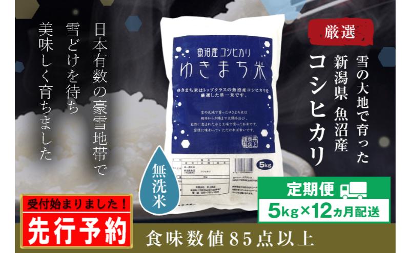 【先行予約】【定期便／12ヶ月】無洗米 ゆきまち米5kg 極上魚沼産コシヒカリ 令和6年度米＜令和6年10月上旬～発送予定＞