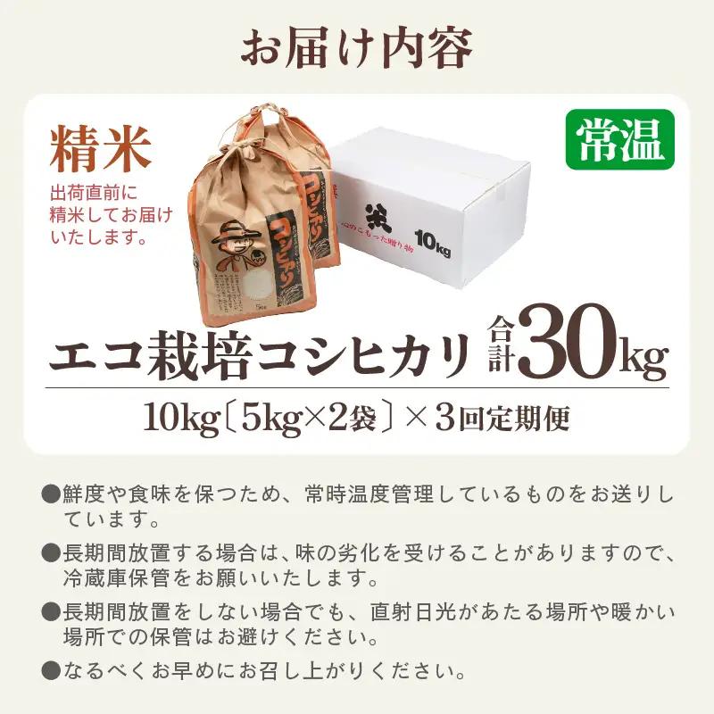 【先行予約】【令和8年産 新米】《定期便3回》エコ栽培コシヒカリ 白米10kg（5kg×2袋）計30kg ／ 鮮度抜群 福井県産 こしひかり ご飯 新鮮 白米 ※2026年10月上旬以降順次発送 [a