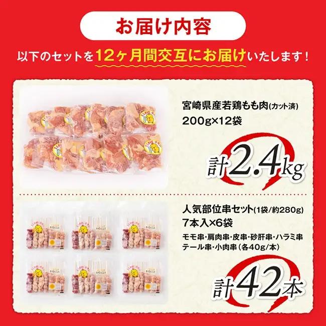 鶏肉【12ヶ月定期便】宮崎県産若鶏もも200g×12袋＋人気部位串42本 【 肉 もも 串 ヘルシー 真空パック 小分け 串カツ ＢＢＱ 唐揚げ 長期保存 時短料理 カット済 宮崎県産 】