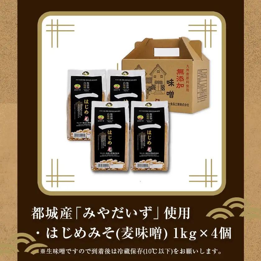 都城在来大豆みやだいず使用「はじめみそ」4kg≪みやこんじょ快速便≫〔12-G801-R〕_ (都城市) はじめみそ 麦味噌 都城産 みやだいず使用 在来大豆 1kg×4個 生味噌