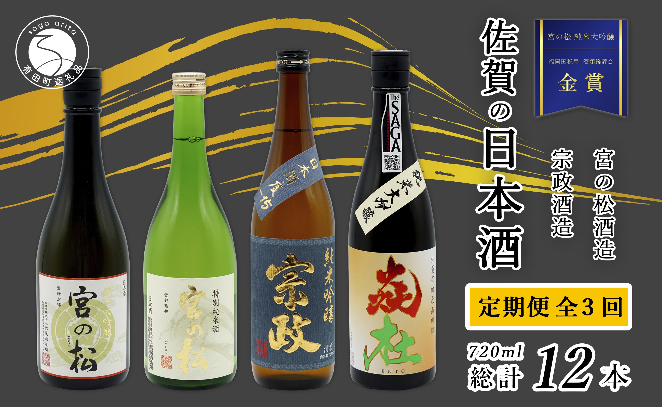 
                  《年3回 さがん酒 定期便 》大賞受賞 有田の蔵元のみくらべ 宮の松 宗政 720ml×4本×3回 定期便 【佐嘉蔵屋】 飲み比べ 有田町 宮の松 宗政 720ml 4本 dj015
                