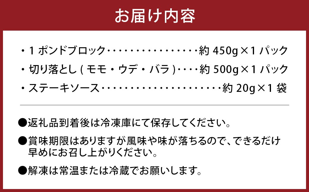 【ブロック ＆ 切り落とし】 おおいた和牛 1ポンドブロック ・ 切り落とし 約500g 計約950g ステーキソース付