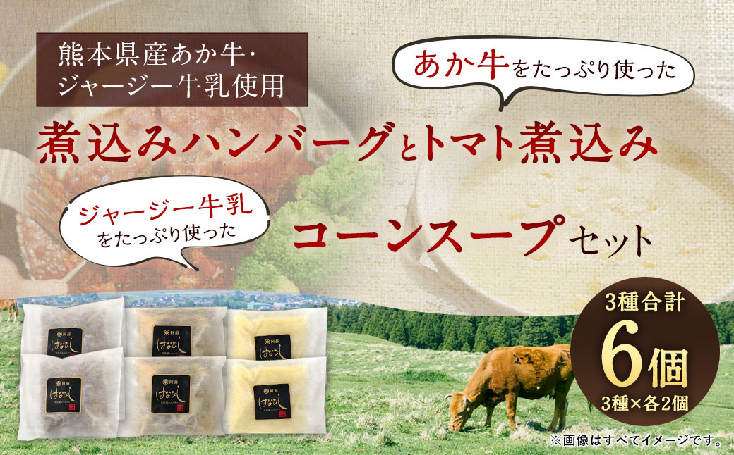 
            あか牛の煮込みハンバーグとトマト煮込み・ジャージー牛乳を使ったコーンスープのセット ｜ハンバーグ トマト煮 惣菜 お惣菜 牛肉 おかず スープ コーンスープ コーンポタージュ  
          