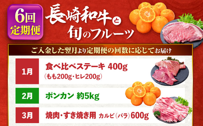 【6回定期便】長崎和牛と旬のフルーツが楽しめる バラエティ定期便 / フルーツ定期便 果物定期便 肉定期便 牛肉 びわ メロン ぶどう みかん / 南島原市 / 贅沢宝庫 [SDZ055]