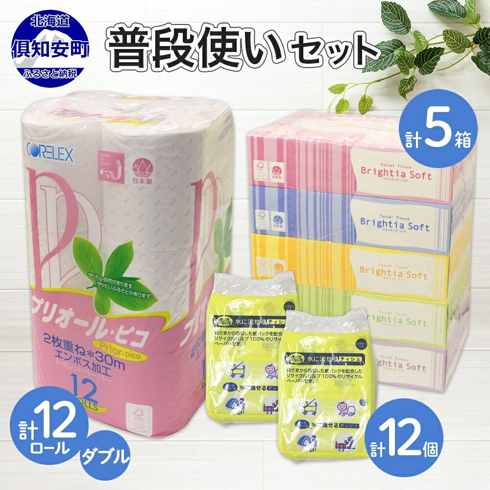 【ふるさと納税】 北海道 トイレットペーパー ダブル 12ロール ティッシュペーパー 5箱 ポケットティッシュ 12個 セット 日本製 日用雑貨 生活必需品 備蓄 香りなし リサイクル 雑貨 日用品 消耗品 国産 トレペ ティッシュ ボックス まとめ買い ペーパー 送料無料 倶知安町