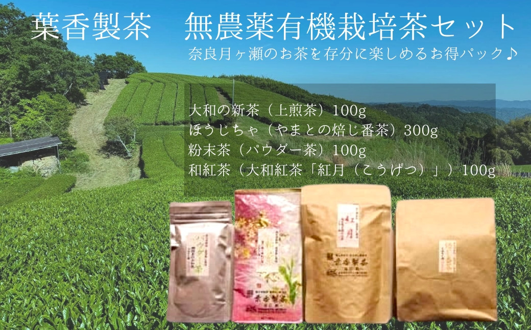 
            葉香製茶 無農薬有機栽培茶セット（葉香製茶） お茶 茶 ほうじ茶 煎茶 緑茶 紅茶 和紅茶 茶葉 栽培 月ケ瀬 ティー 大和の新茶 上煎茶 かぶせ煎茶 やまとの焙じ番茶  大和紅茶 紅月 粉末茶 パウダー茶 ギフト お礼の品 お中元 故郷納税 新茶 番茶 詰め合わせ お取り寄せ グルメ なら  奈良県 奈良市 I-34
          