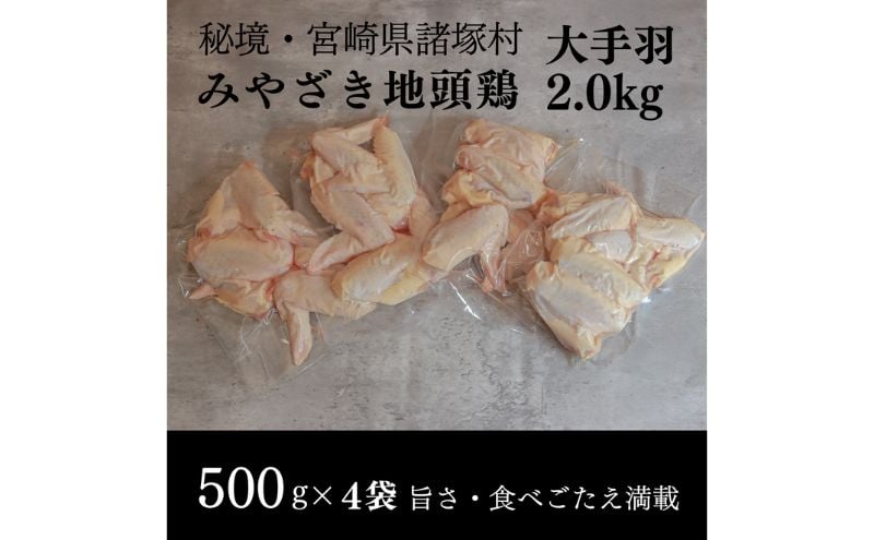 
                  [№5738-0112]みやざき地頭鶏 大手羽500g×4Pセット　鶏肉 地鶏 手羽元 手羽先 出汁 鍋 宮崎県 諸塚村
                