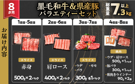 ≪8か月定期便≫黒毛和牛＆県産豚バラエティーセット(総重量7.3kg以上) 肉 牛 牛肉 おかず 国産_T030-070【人気 肉 黒毛和牛 定期便 ギフト 肉 黒毛和牛 定期便 食品 肉 黒毛和牛 