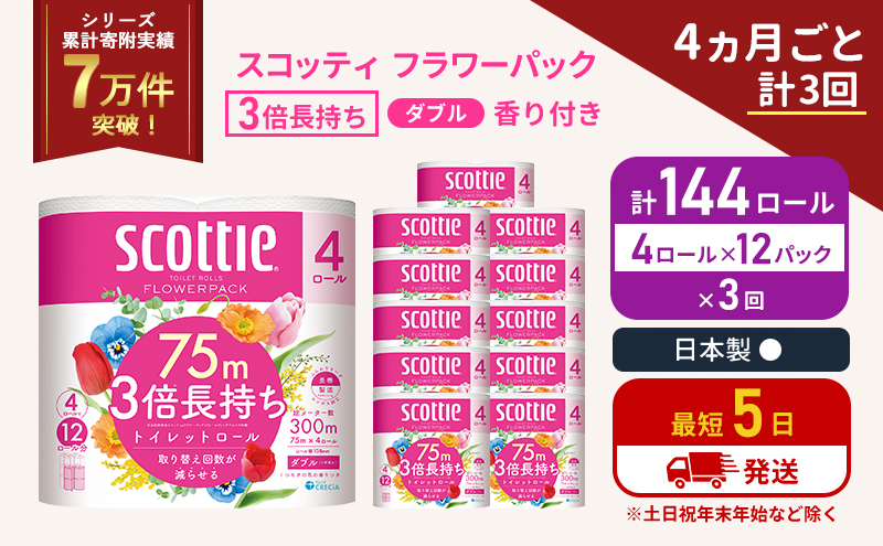 定期便 トイレットペーパー ダブル 3倍 長持ち 4ロール入×12パック スコッティ フラワーパック 香り付き《4ヶ月ごと計3回》 トイレット ペーパー 節約 日用品 日用雑貨 備蓄 備蓄用 防災 防災グッズ 3倍巻き 倍巻 宮城 宮城県 岩沼市