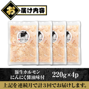 【A79015】＜定期便・全3回＞豚生ホルモンにんにく醤油味付(計2.64kg・220g×4P×3回) 鹿児島 豚肉 ホルモン 生ホルモン にんにく 醤油 おかず 加工品 味付け おつまみ 小分け パ