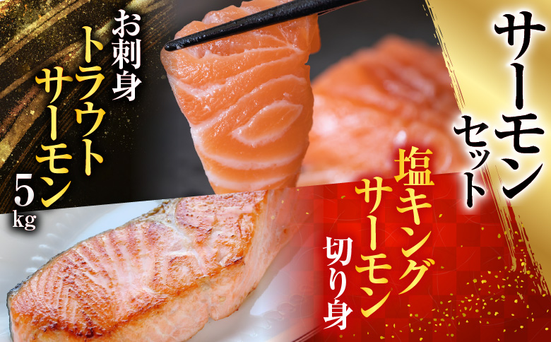 ＜12月14日決済分まで年内配送＞お刺身トラウトサーモン10～25本(計5kg)＆塩キングサーモン切り身1切(約100g)×20P E-09009