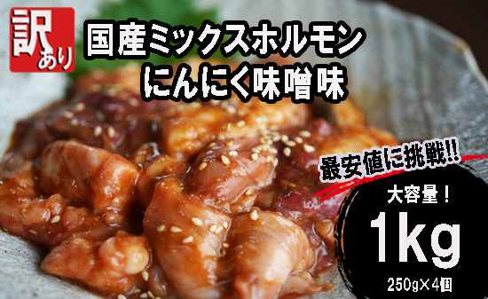 
            【 訳あり 】 国産牛 ミックスホルモン 1kg (250g×4) にんにく 味噌味 ミックス ホルモン 焼き 焼肉 味付 小分け 冷凍 味噌だれ 不揃い おつまみ 国産 牛 肉
          