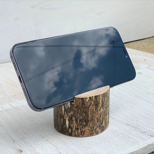 森の丸太スタンド　「SABI」　スマホスタンドとエコバッグセット／ヒノキ 錆丸太 ギフト カバー無し推奨 テレワーク 低炭素 間伐材 侘び寂 丸太仕上げ 天然素材 木製 おしゃれ MORITO 森庄銘