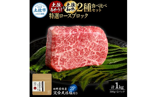 土佐あかうし＆土佐和牛2種食べ比べ 特選ロースブロック500g 計2P 田野屋銀象完全天日塩2P付 牛肉 肉 お肉 和牛 国産 牛 赤身 ヒレ カルビ ロース【株式会社LATERAL】 [BQAU082]