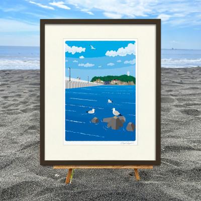 ふるさと納税 茅ヶ崎市 湘南・茅ヶ崎で描く、海を感じるイラストアート『ジークレーアートフレーム　SL-13』(大:四つ切)