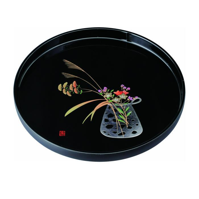 丸盆 30cm 黒 盛絵花かご ［YG465］CC463