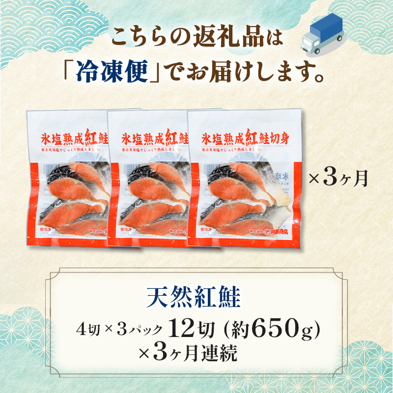 【期間限定！寄附額改定↓！】【3ヶ月連続定期便】マルア阿部商店特選 氷塩熟成 紅鮭切身 12切(4枚入×3袋) 定期便 鮭 サケ 紅鮭 おかず 魚 魚介 海鮮 シャケ 切り身 _F4F-8090
