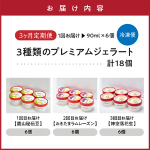 【 3ヶ月定期便 】 3種類 の プレミアムジェラート 6個 /月 〔 各 2個 〕 1個 90ml ( 鷹山秘伝豆 おきたまラムレーズン 神室落花生 ) 全3回配送 秘伝豆 ラムレーズン 落花生