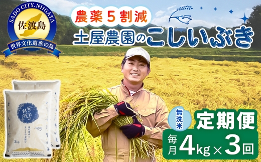 【定期便 令和8年産新米 3か月】 佐渡島産こしいぶき 無洗米 4kg(2kg×2袋） 令和8年産新米 栽培期間中農薬5割減/農薬5割減 土屋農園 | 新潟県産こしいぶき 新潟産こしいぶき 佐渡産こしいぶき こしいぶき お米 米 無洗米 むせんまい 精米 おこめ コメ 4キロ にいがた さど 新潟県 佐渡市