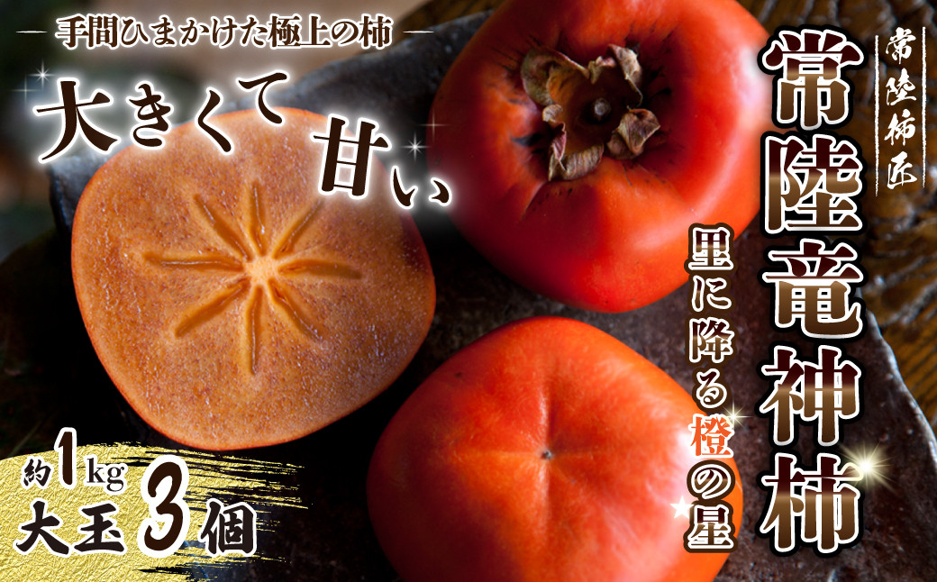 
            【先行予約・10月下旬以降発送】常陸太田の柿 『常陸竜神柿』大玉3個 樹上熟柿 柿 約1kg（大玉3個入×1箱）｜パリパリ食感 常陸太田 柿 大核無 種なし 甘い 日持ちする 果物 秋 樹上熟 珍しい 貴重 ぱりぱり柿 旬 デザート 日本 渋柿 
          