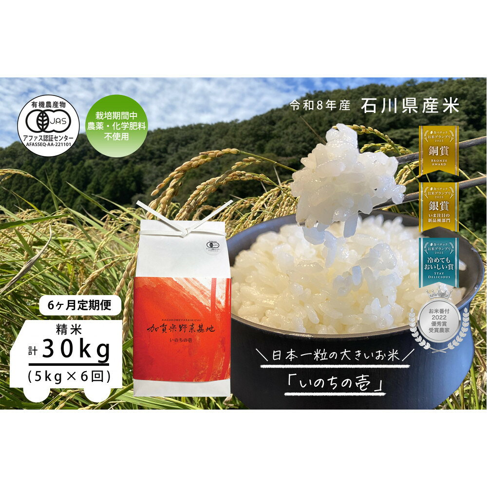 【ふるさと納税】《令和8年産 新米 先行予約》「6ヶ月定期便」【お米グランプリ3部門受賞】＜有機JAS認証米＞日本一粒の大きいお米『いのちの壱』白米5kg×6回