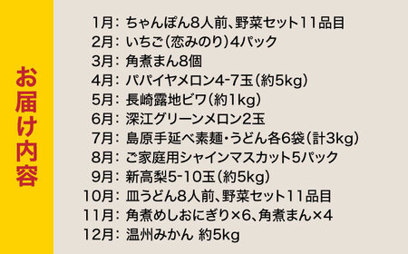 【12回定期便】長崎・南島原グルメ バラエティ定期便 / バラエティ セット 野菜定期便 フルーツ定期便 フルーツ 果物 野菜 やさい そうめん 角煮 皿うどん ちゃんぽん / 南島原市 / 贅沢宝庫