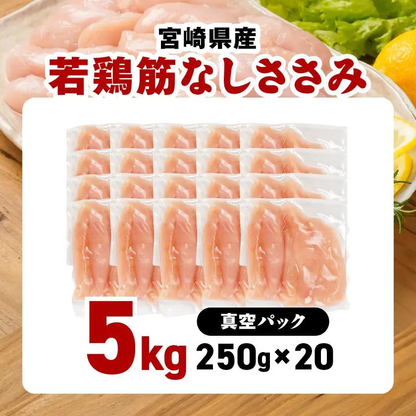 宮崎県産若鶏筋なしささみ5kg〔26-M601〕_(都城市)  宮崎県産若鶏 真空パック 筋なしささみ ささみチーズ ささみ梅肉 棒棒鶏等 サラダ 真空冷凍