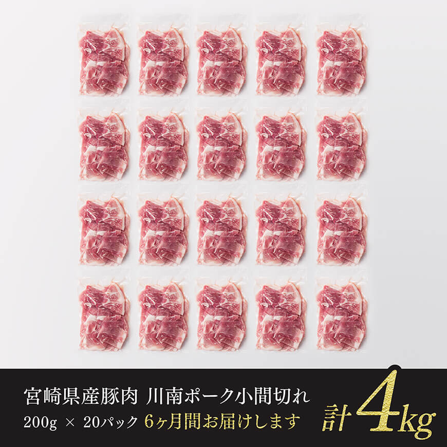 【6ヶ月定期便】川南ポーク豚小間切れ4kg(200g×20パック) 【 宮崎県産 川南町産 豚肉 肉 切り落とし 小分け 定期便 送料無料 】