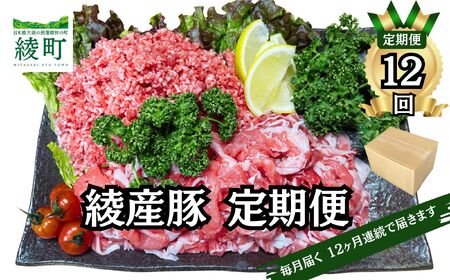 綾町産 豚こま＆ミンチ1.5kg【全12回定期便】（0023-011）