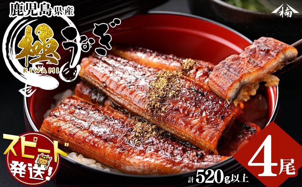 
            楠田の極うなぎ蒲焼130g以上×4尾(計520g以上) 山椒付たれ 鰻 ウナギ 蒲焼 うな重 ひつまぶし 鹿児島 冷凍 おかず お祝い b3-013
          