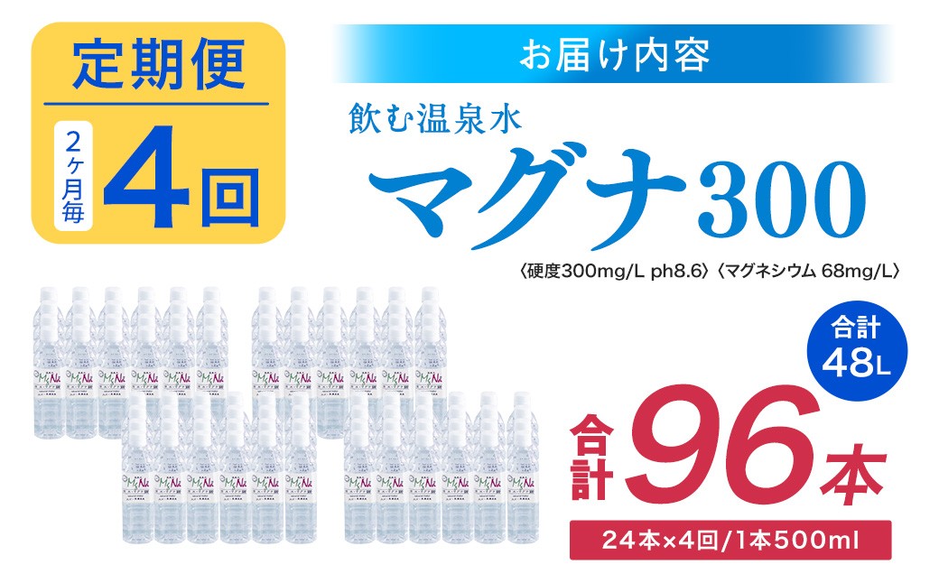 【2ヶ月毎4回定期便】 硬水ミネラルウォーターマグナ300 500ml 計96本 （24本×4回）
