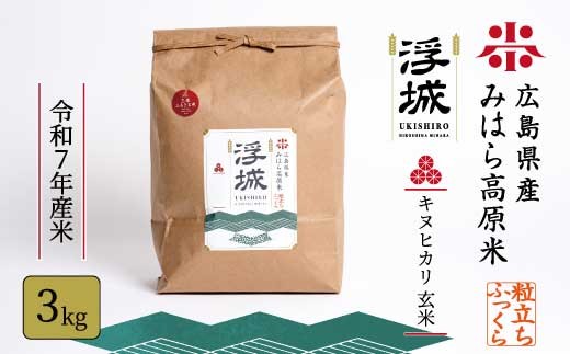 《令和7年》みはら高原米 浮城 ～ きぬひかり ～ 玄米 3kg お米 米 ごはん ご飯 広島県 三原市 220040