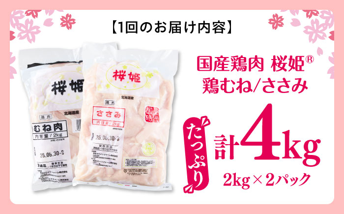 【全2回定期便】桜姫ヘルシーセット 計4kg（鶏むね・ささみ 各2kg）《厚真町》【東日本フード株式会社】 桜姫 国産鶏肉 鶏肉 鶏 むね肉 ムネ ささみ ささみ肉 冷凍 北海道 [AXBM058]