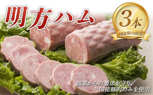 
                  明方ハム 3本セット 計1050g 【JAめぐみの農業協同組合】ハム おつまみ 惣菜 晩酌 ディナー 弁当 ビール ワイン 酒のお供 大容量 まとめ買い 詰め合わせ 肉 食品 国産 豚肉 岐阜県 坂祝町 さかほぎ F6M-090
                