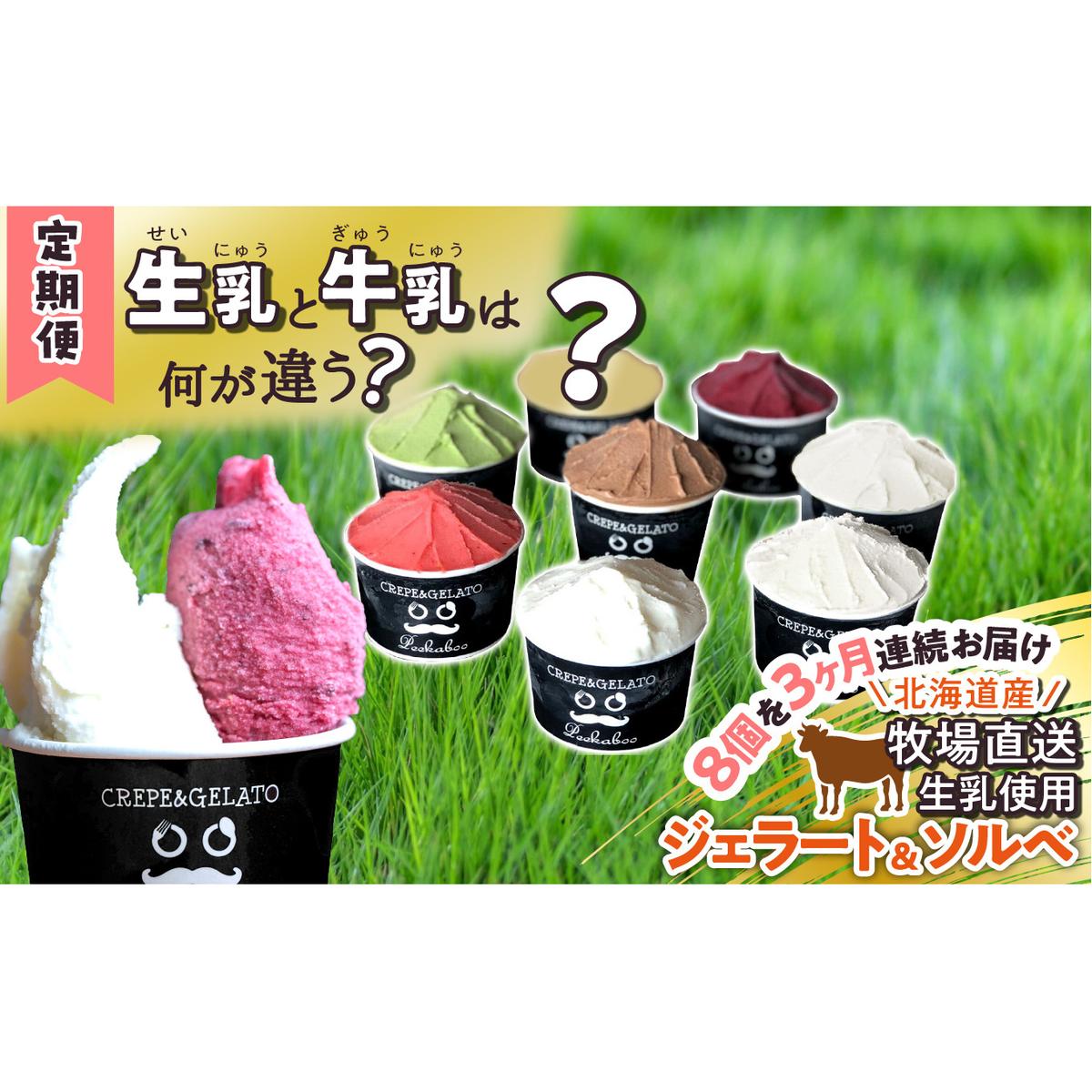 ＜3ヶ月定期便＞北海道産 生乳 ジェラート アイス 毎月8個 詰め合わせ ジェラートセット