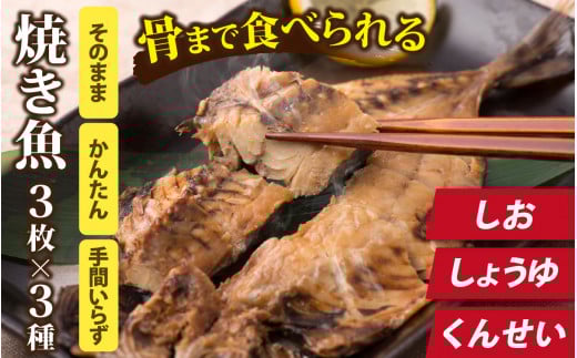 丸ごと骨まで食べられる焼き魚 3枚セット×3種（塩干し、醤油干し、燻製） [A-088024]