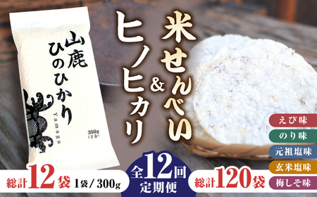 【12回定期便】【こだわり抜いた厳選素材】米せんべい（えび味、のり味、元祖塩味、玄米塩味、梅しそ味） &amp; ヒノヒカリ のセット 【せんべい工房】[ZBQ005]