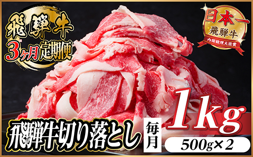 【毎月定期便】飛騨牛　切り落とし　約1kg【冷蔵便】全3回【配送不可地域：離島】