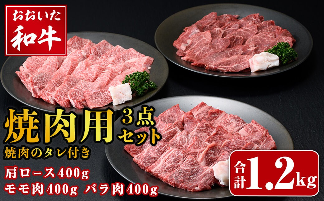 
            おおいた和牛 焼肉用 3点 セット 焼肉のタレ付き (合計1.2kg・3種×各400g)  ロース バラ ばら モモ 焼肉 たれ 和牛 牛肉 国産 冷凍 【opay014】【まるひで】
          