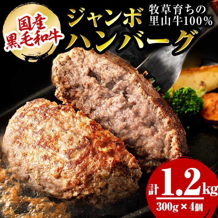 国産黒毛和牛 牧草育ちの里山牛100%使用！手作りジャンボハンバーグ 1.2kg (300g×4個） 黒毛和牛 和牛 肉 牛肉 国産 ハンバーグ ジャンボハンバーグ 冷凍ハンバーグ 時短 真空パック 小分け バーベキュー a5-283