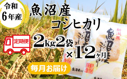 
KU120P387 令和6年産 魚沼産コシヒカリ定期便 2kg2袋×12回【毎月お届け】和紙製P袋（小千谷米穀）白米 魚沼 米 定期便
