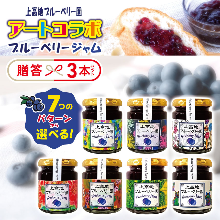 【ふるさと納税】アートコラボブルーベリージャム贈答3本セット【選べるラベルの組み合わせ】│ 信州 贈答用 ブルーベリー ジャム 新鮮 加工品 甘い 美味しい 特別 松本 ふるさと納税 上高地